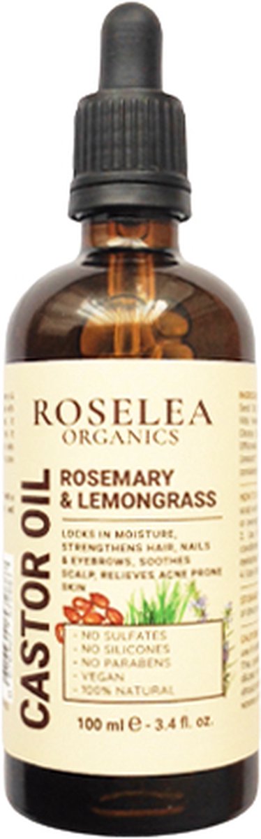 Roselea Organics - Biologische Castorolie met Rozemarijn & Citroengras - Voedt het haar en stimuleert de haargroei. Versterkt haar, wimpers, wenkbrauwen en nagels - Al onze Ingrediënten zijn Natuurlijk (100 %) en Biologisch (99 %) - 100 ml