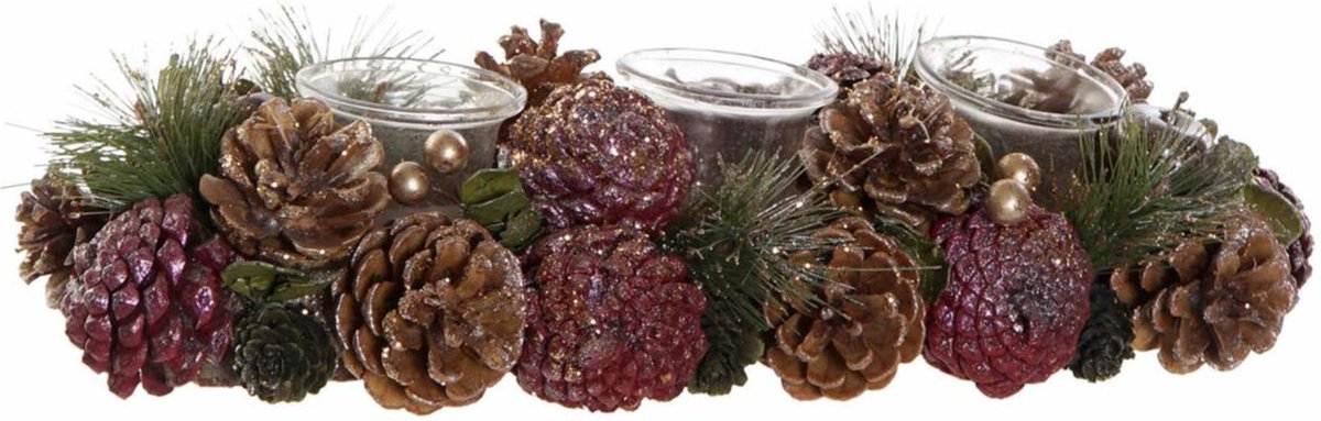 Krist+ Kerststukje met theelichthouders - roze/bruin - 38 x 15 x 9,5 cm - tafeldecoratie - tafel ornament - kerst