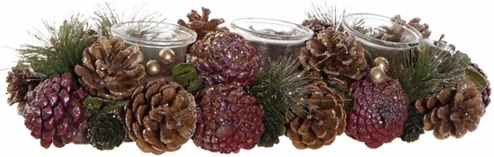 Kerst thema kaarsenhouder ornament roze/bruin nature 38 x 15 x 9,5 cm cm - Kerststukjes