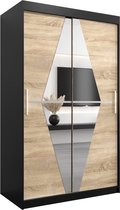 InspireMe - Kledingkast met 2 schuifdeuren, Modern-stijl, Een kledingkast met planken en een spiegel (BxHxD): 120x200x62 - BOLA 120 Zwart Mat + Sonoma Eik met 2 lades