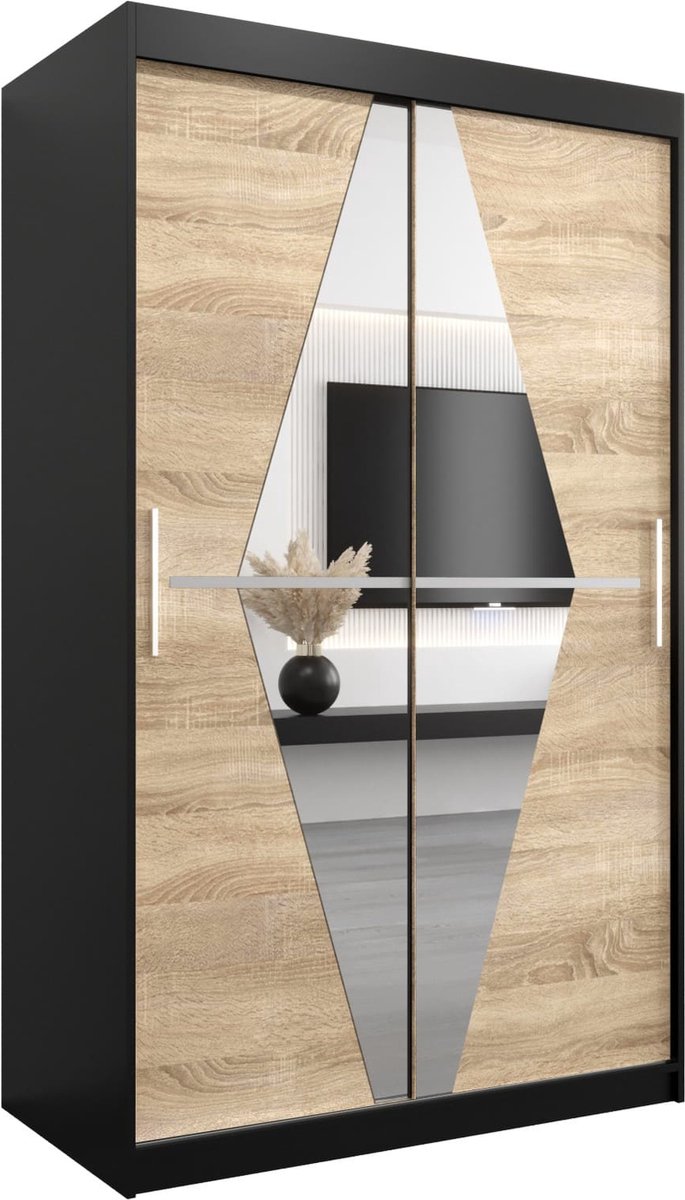 InspireME Kledingkast met 2 schuifdeuren, Modern-stijl, Een kledingkast met planken en een spiegel (BxHxD): 120x200x62 - BOLA 120 Zwart Mat + Sonoma Eik met 2 lades
