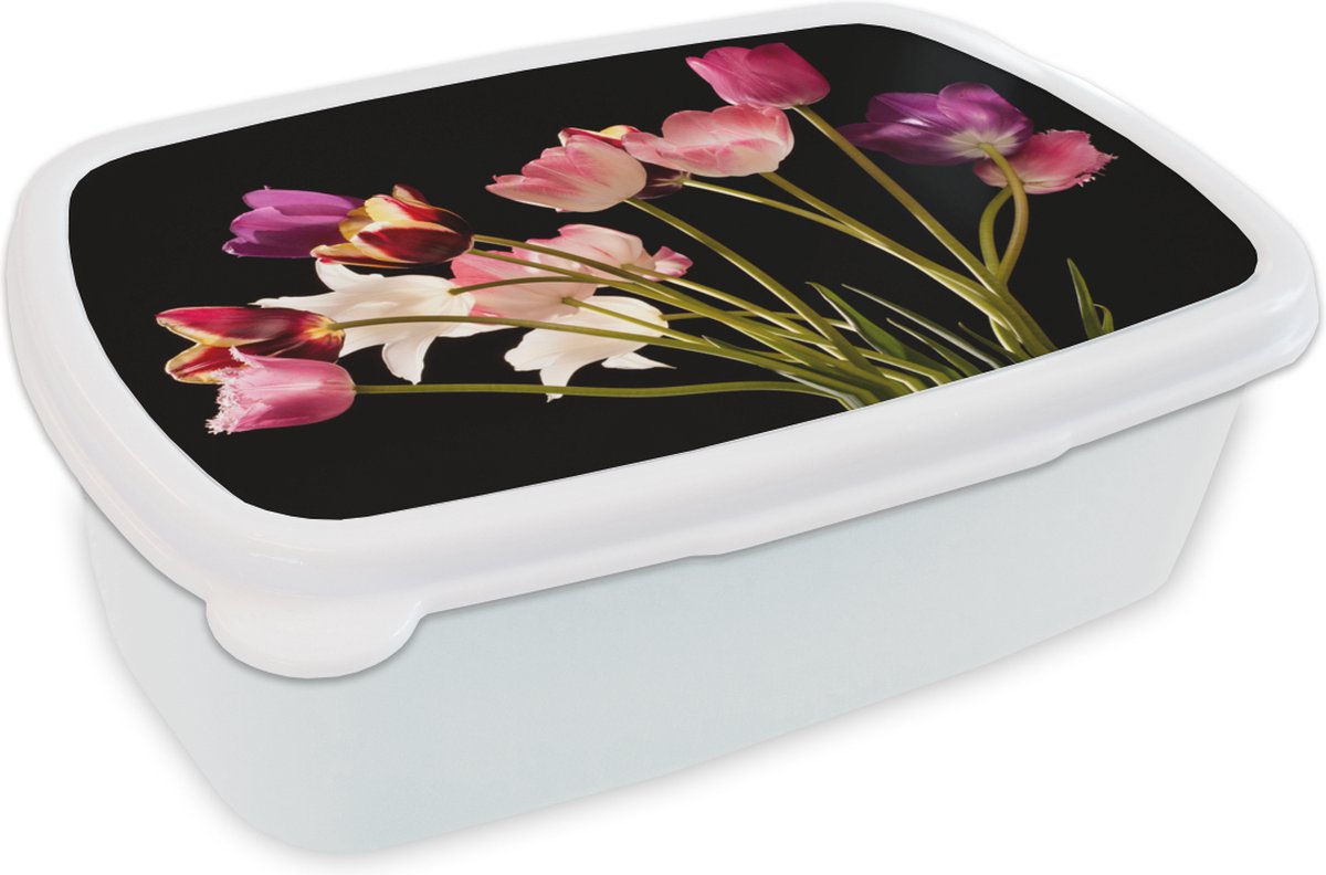 Broodtrommel Wit - Lunchbox - Brooddoos - Stilleven - Tulpen - Kleuren - 18x12x6 cm - Volwassenen
