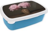 Broodtrommel Blauw - Lunchbox - Brooddoos - Vaas - Bloemen - Roze - 18x12x6 cm - Kinderen - Jongen