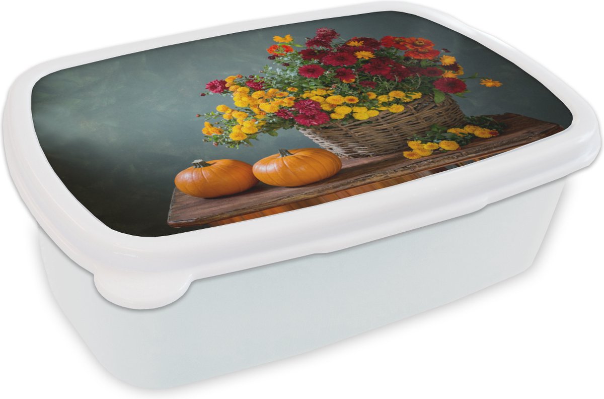 Broodtrommel Wit - Lunchbox - Brooddoos - Mand - Pompoen - Chrysant - 18x12x6 cm - Volwassenen