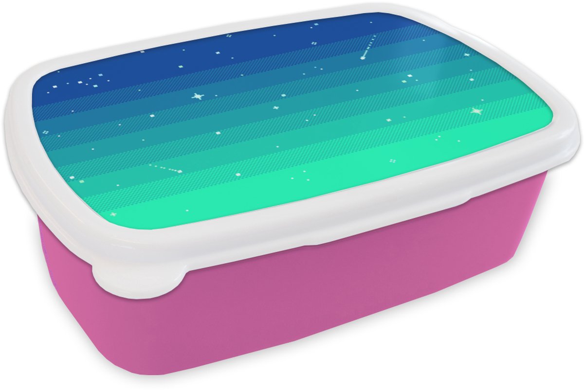 Broodtrommel Roze - Lunchbox - Brooddoos - Gaming - Sterren - Pixel Art - 18x12x6 cm - Kinderen - Meisje