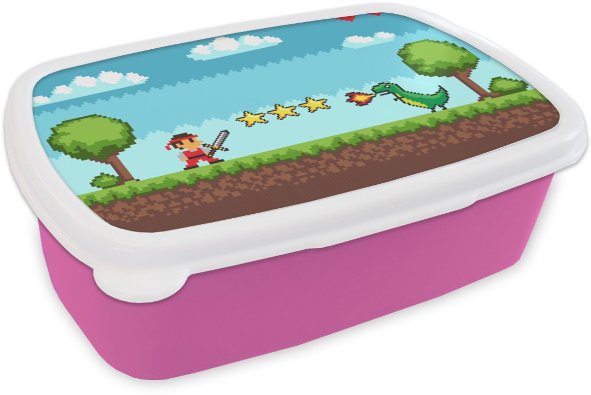 Broodtrommel Roze - Lunchbox - Brooddoos - Gaming - Arcade - Retro - 18x12x6 cm - Kinderen - Meisje