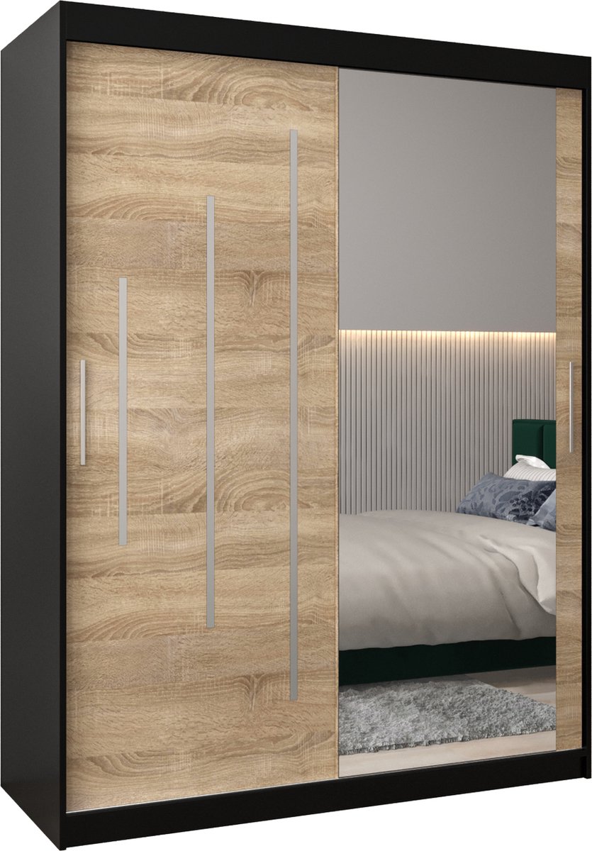 InspireME Kledingkast met 2 schuifdeuren, Modern-stijl, Een kledingkast met planken en een spiegel (BxHxD): 150x200x62 - MALTESE II 150 Zwart Mat + Sonoma Eik