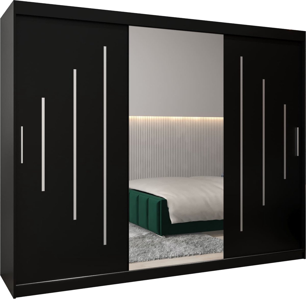 InspireME Kledingkast met 3 schuifdeuren, Modern-stijl, Een kledingkast met planken en een spiegel (BxHxD): 250x200x62 - MALTESE I 250 Zwart Mat