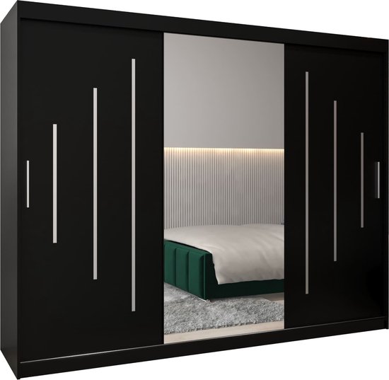 InspireMe - Kledingkast met 3 schuifdeuren, Modern-stijl, Een kledingkast met planken en een spiegel (BxHxD): 250x200x62 - MALTESE I 250 Zwart Mat