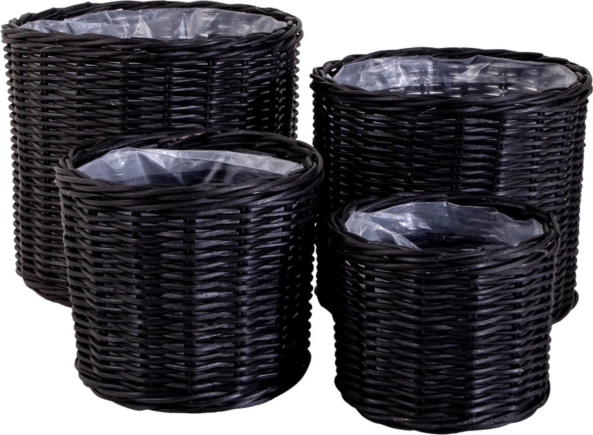 Bogor Baskets - 4 ronde manden in zwart met plastic binnenkant