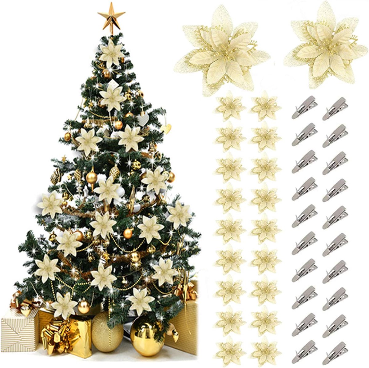 20 STKS Kerst Bloemen Grote Glitter Kerstboom Decoraties Met 20 Houten Clips