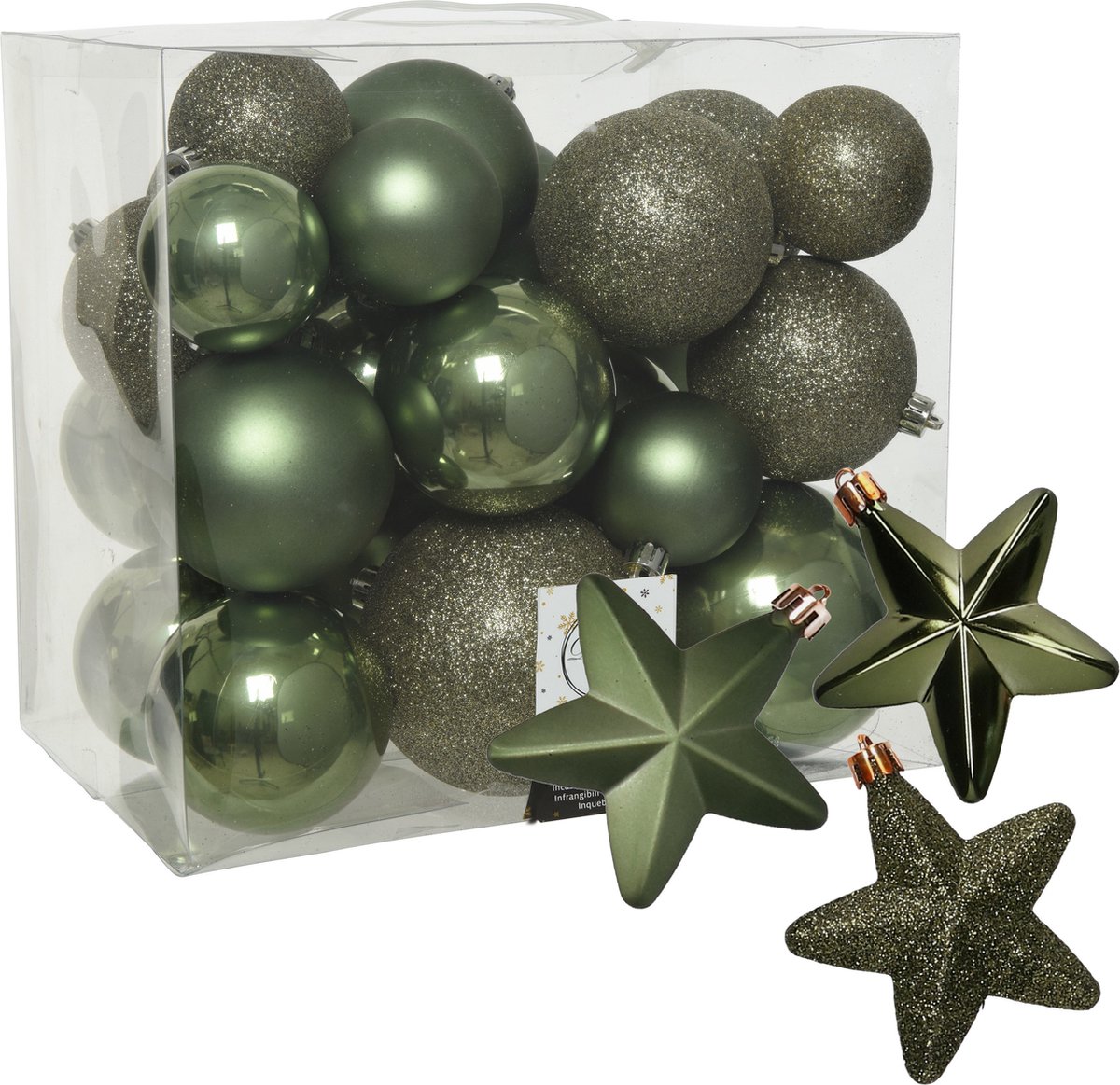 Kerstballen en sterren ornamenten - set 32x stuks - kunststof - mosgroen