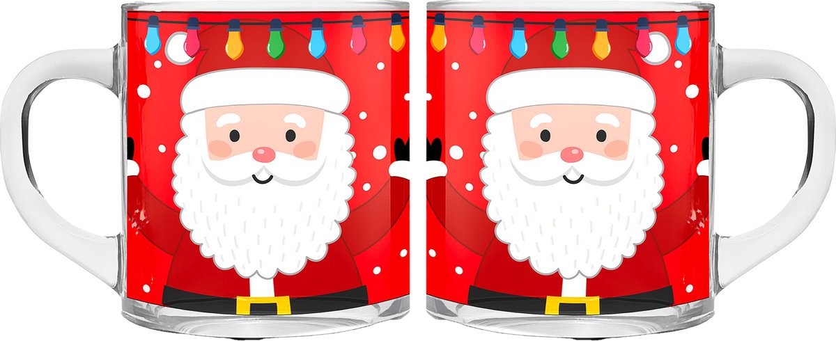 Kerst mokken/bekers - 2 stuks - glas - 300 ml - kerstman - 11 cm