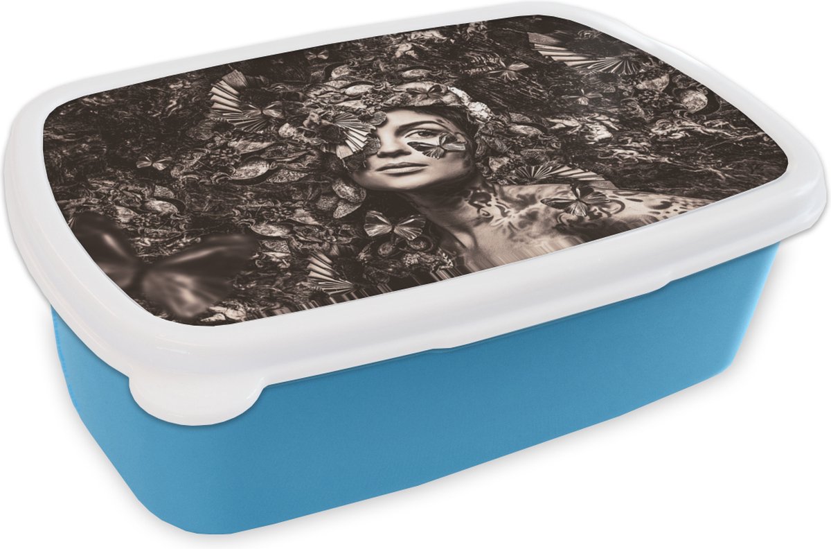 Broodtrommel Blauw - Lunchbox - Brooddoos - Vrouw - Sepia - Luxe - 18x12x6 cm - Kinderen - Jongen