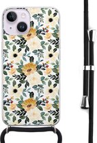 Hoesje met koord - Geschikt voor iPhone 14 - Lovely flowers - Verstelbaar zwart koord - Transparant, Geel - Bloemen - Leuke Telefoonhoesjes