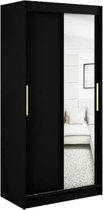 InspireMe - Kledingkast met 2 schuifdeuren, Modern-stijl, Een kledingkast met planken en een spiegel (BxHxD): 100x200x62 - KAIR T2 100 Zwart Mat + Gouden met 2 lades