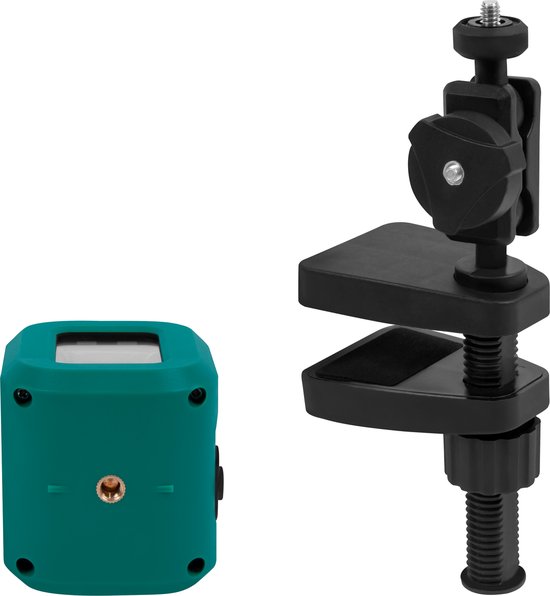 Achterkant van teal VONROC kruislijnlaser met "VONROC" logo, en een zwarte verstelbare klembeugel.