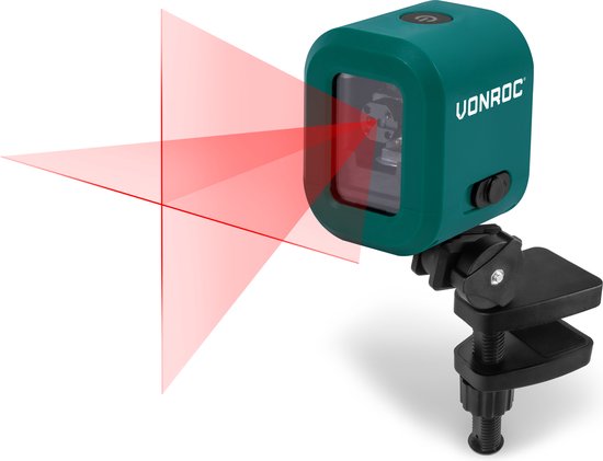 Teal VONROC kruislijnlaser met "VONROC" logo, geprojecteerde rode kruislijn, op een zwarte klembeugel.