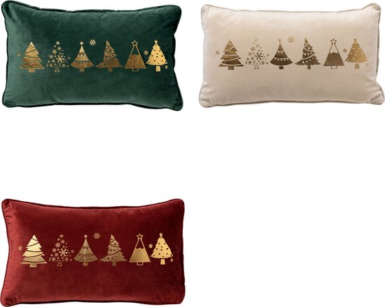 Set van 3 kerst sierkussens - rood - wit - groen - goud - 3x TREES - inclusief polyester vulling - zachte stoffen - sfeerkussens - Dutch Decor