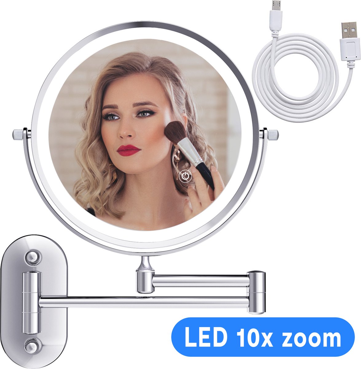 Bol.com Make Up Spiegel met Led Verlichting - 10X Vergroting - Wandspiegel Rond - Scheerspiegel Wandmodel - Badkamer - Chroom - ... aanbieding