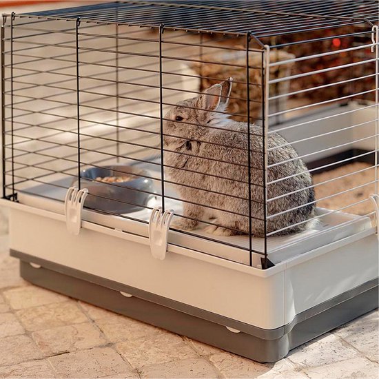 Ferplast 57072570 Ferplast KROLIK 140 PLUS, Konijnen- en cavia-kooi, kooi voor kleine dieren en konijnen, apart houten huis, accessoires zijn inbegrepen, 142 x 60 x h 50 cm Bordeaux, M, bordeaux