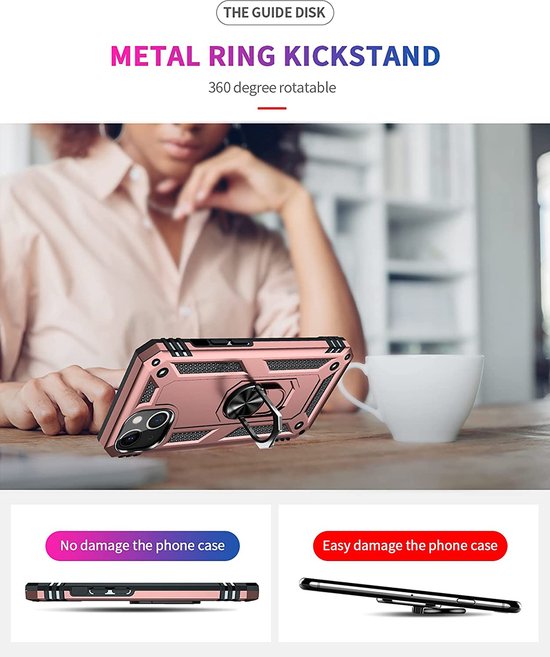 Apple iPhone 14 Plus Case Rose Gold & 2X Verres Screen Protector - Anti-Shock Hybrid Armor avec Kickstand Ring