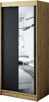 InspireMe - Kledingkast met 2 schuifdeuren, Modern-stijl, Een kledingkast met planken en een spiegel (BxHxD): 100x200x62 - JARED T2 100 Artisan Eik + Zwart Mat