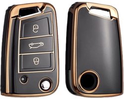 Zachte TPU Sleutelcover - Zwart Metallic - Sleutelhoesje Geschikt voor Volkswagen Golf / Tiguan - Seat Leon / Ateca / Ibiza - Skoda Kodiaq / Octavia / Karoq - Sleutel Hoesje Cover - Randen Goud - Auto Accessoires