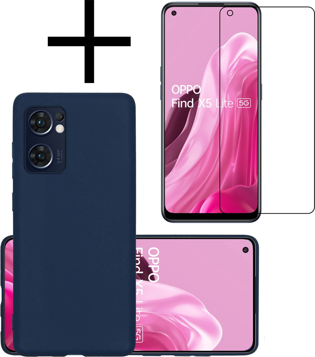 OPPO Find X5 Lite Hoesje Back Cover Siliconen Case Hoes Met Screenprotector - Donker Blauw