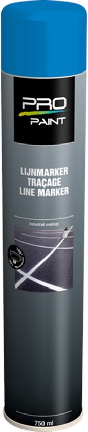 Blauwe Pro-Paint lijnmarker spuitbus 750ml met witte lijnen op asfalt.