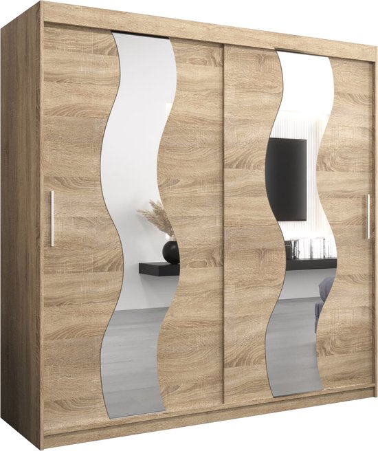 InspireMe - Kledingkast met 2 schuifdeuren, Modern-stijl, Een kledingkast met planken en een spiegel (BxHxD): 200x200x62 - REESE 200 Sonoma Eik