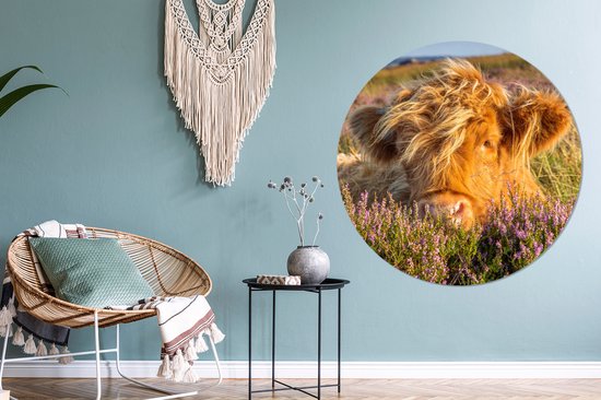 WallCircle - Stickers muraux - Cercle Papier Peint - Highlander écossais - Bruyère - Herbe - Animaux - 140x140 cm - Cercle Mural - Auto Adhésif - Autocollant Papier Peint Rond