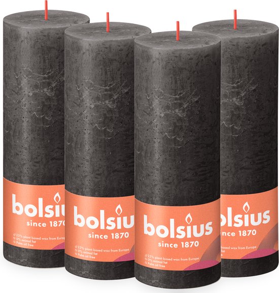 4 bougies pilier rustique Bolsius anthracite 68 (85 heures) Eco Shine Stormy Grey