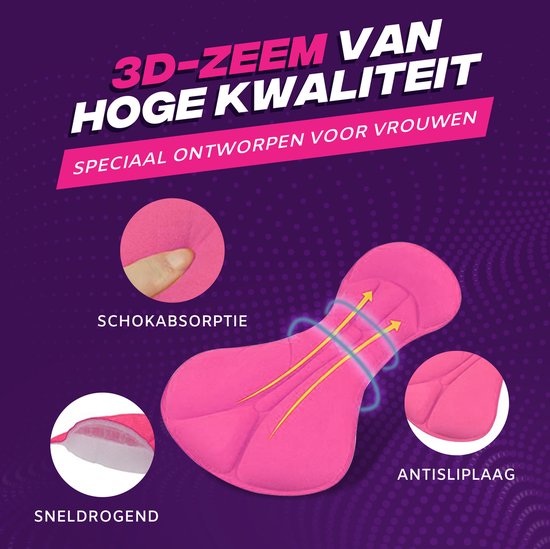 Peau de chamois rose pour cuissard avec détails sur l'absorption des chocs et le matériau à séchage rapide, avec le texte 'Peau de chamois 3D de haute qualité'.