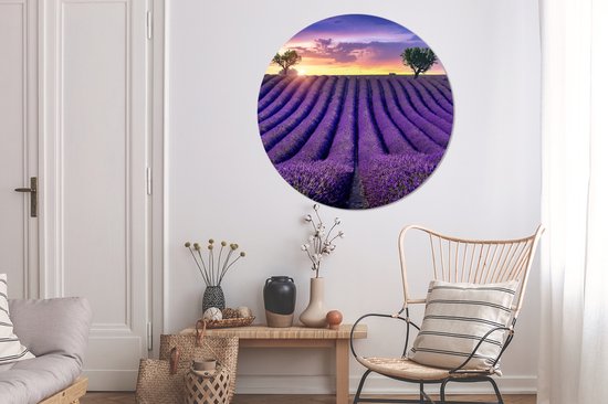 WallCircle - Papier peint cercle - Fleurs - Coucher de soleil - Lavande - Paysage - Arbres - Papier peint rond - Papier peint autocollant - 120x120 cm - Papier peint cercle autocollant - Décoration murale ronde - Papier peint cercle