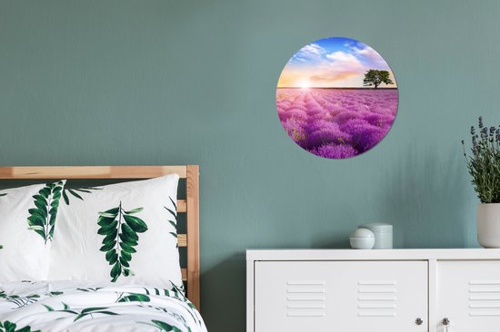 Papier peint cercle - Lavande - Fleurs - Arbre - Soleil - Paysage - Décoration murale cercle - Papier peint cercle fleurs - Papier peint autocollant - 30x30 cm - Papier peint autocollant - Papier peint rond - Papier peint cercle