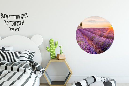 WallCircle - Papier peint cercle - Lavande - Fleurs - Coucher de soleil - Nature - Papier peint rond - Papier peint autocollant - 50x50 cm - Papier peint cercle fleurs - Papier peint autocollant - Papier peint cercle