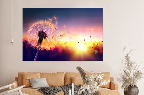 Wanddecoratie Metaal - Aluminium Schilderij Industrieel - Paardenbloem - Bloemen - Zonsondergang - Horizon - Nacht - 150x100 cm - Dibond - Foto op aluminium - Industriële muurdecoratie - Voor de woonkamer/slaapkamer