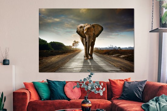 Décoration murale Métal - Aluminium Peinture Industrielle - Éléphant - Route - Animaux - Coucher de soleil - Paysage - 150x100 cm - Dibond - Photo sur aluminium - Décoration murale industrielle - Pour le salon / chambre