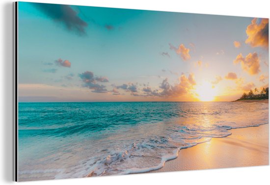 Wanddecoratie Metaal - Aluminium Schilderij Industrieel - Zonsondergang - Strand - Zee - Zomer - Blauw - 160x80 cm - Dibond - Foto op aluminium - Industriële muurdecoratie - Voor de woonkamer/slaapkamer