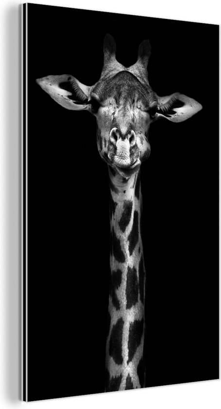Wanddecoratie Metaal - Aluminium Schilderij Industrieel - Giraffe - Portret - Dieren - Zwart - Wit - 40x60 cm - Dibond - Foto op aluminium - Industriële muurdecoratie - Voor de woonkamer/slaapkamer