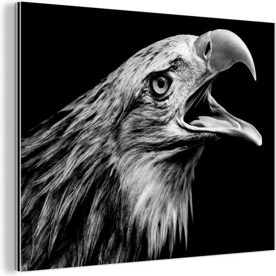 Wanddecoratie Metaal - Aluminium Schilderij Industrieel - Adelaar - Portret - Roofvogels - Zwart - Wit - Vogel - 120x90 cm - Dibond - Foto op aluminium - Industriële muurdecoratie - Voor de woonkamer/slaapkamer