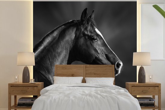 Zwart-wit behang met paardenportret achter een houten bedframe met twee bijpassende nachtkastjes.