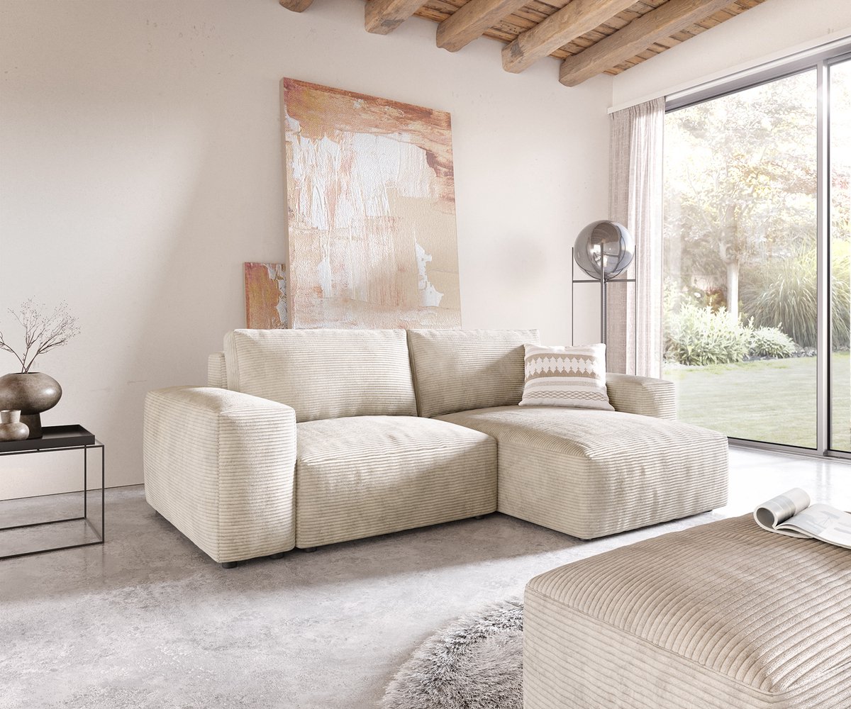 DELIFE Hoeksofa Lanzo ribcord beige 230x155 cm met variabele recamière en hocker