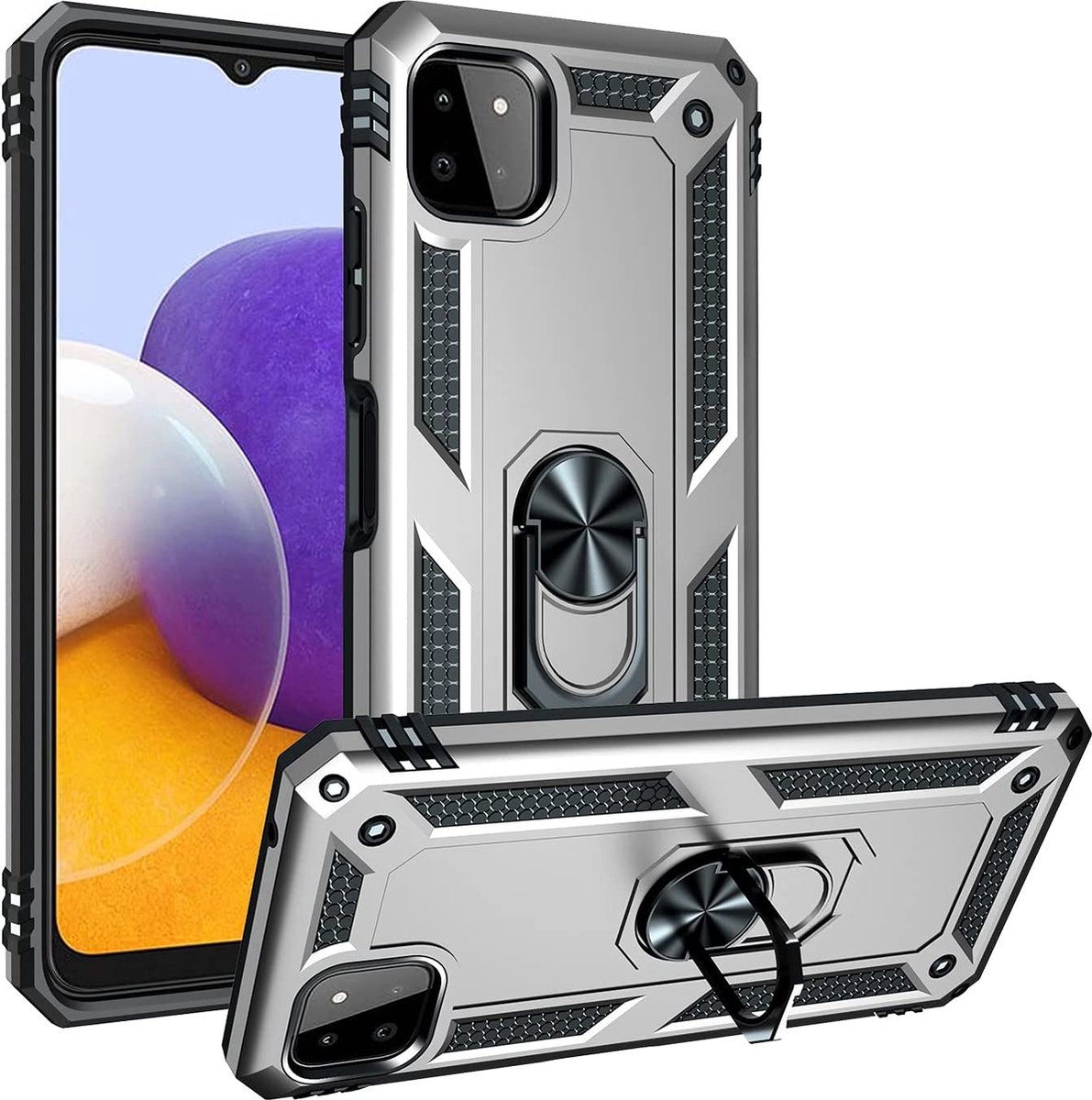 Anti-Shock Hybrid Ring Armor Hoesje Geschikt voor: Samsung Galaxy A22 5G - zilver