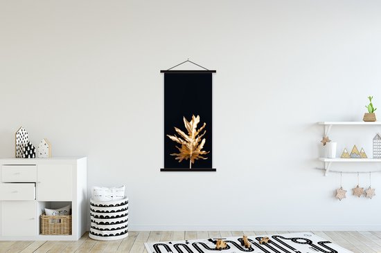 Posterhanger incl. Poster 60x120 cm - Schoolplaat - Bladeren - Goud - Herfst - Natuur - Luxe - Textielposter - Zwarte latten