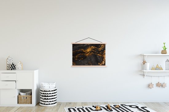Posterhanger incl. Poster 60x40 cm - Schoolplaat - Marmer - Kalk - Zwart - Goud - Marmerlook - Luxe - Textielposter - Blanke latten