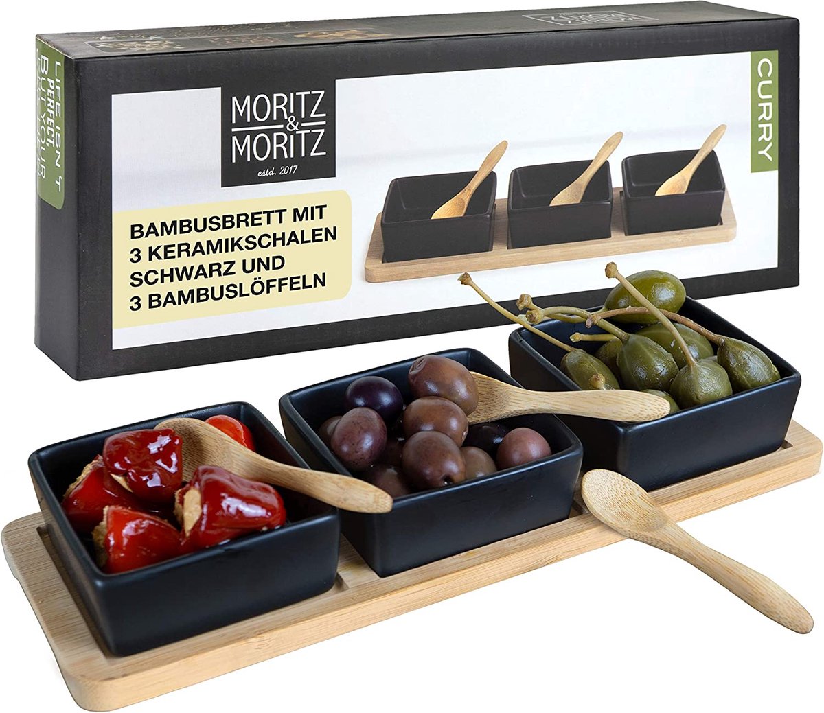 Moritz & Moritz 7-delige serveerschaal met dip schaaltje curry - bamboe plaat serveerdienblad met keramische kom bamboeplepel- voor voorgerechten dips en snacks