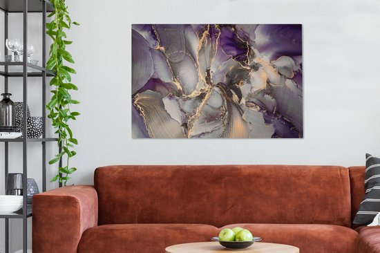 Toile Peinture Or - Violet - Marbre - 140x90 cm - Décoration murale