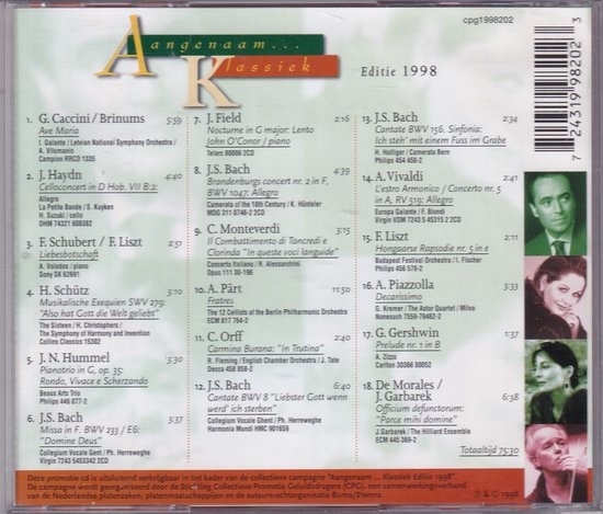 Achterkant CD hoes met tracklist, componisten en artiesten: "Aangenaam... Klassiek Editie 1998"